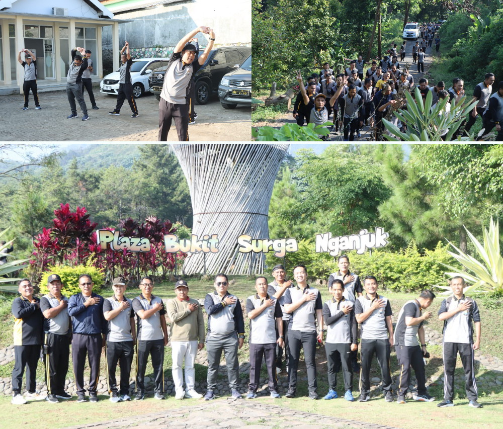 Kapolres Nganjuk Pimpin Jalan Sehat Menuju Bukit Surga, Jalin Kebersamaan di Alam Terbuka